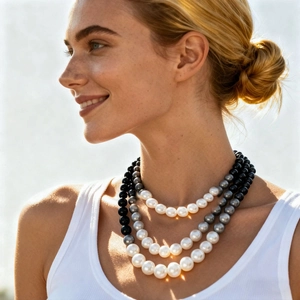 Close-up of triple-layered faux pearl necklace with white grey and black beads