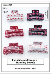 Set of six Valentine's Day acrylic hair claws with red heart and lip prints with glitter