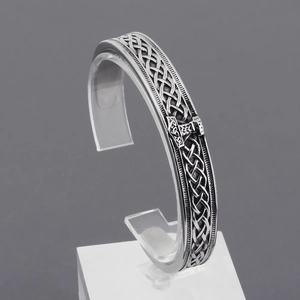Nordic Viking Mjolnir cuff bracelet in retro silver stainless steel with woven texture