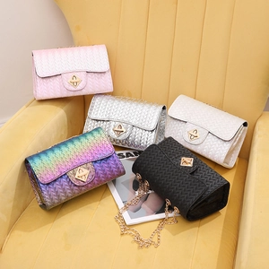 Woven Texture Women Crossbody Bag PU Leather Metal Chain Strap Gradient Rainbow Small Square Bag Twist Lock Fashion