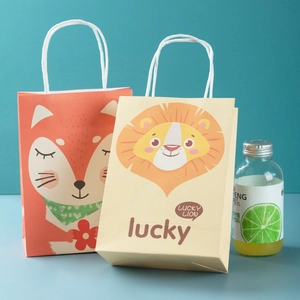 Cartoon animal paper gift bags featuring lucky fox and lion designs with white handles