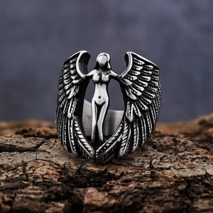 Vintage Angel Wing Goddess Ring 316L Stainless Steel Gothic Venus Feather Statement Jewelry For Men Women