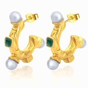 Vintage C-Shaped Hoop Earrings Stainless Steel With Artificial Pearl And Green Gemstone 18K Gold Plated Luxury Retro Style For Women