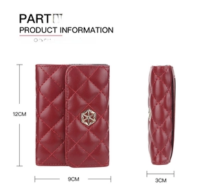 Red quilted PU leather card holder dimensions detail showing 12cm height and 9cm width