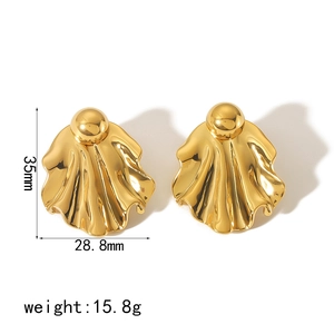 18k gold plated stainless steel fan shaped shell earrings with dimensions 35x28.8mm