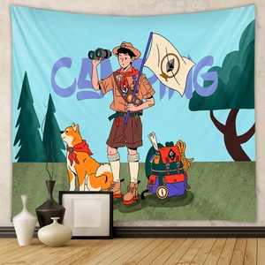 Vue détaillée d'une tapisserie de camping avec illustration de garçon et de Shiba Inu