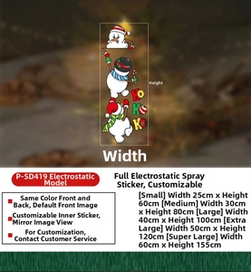 Size chart for snowman and Santa glass window decals showing various width and height dimensions