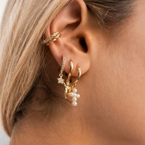 Elegant S925 silver cross and pearl dangle earrings with gold finish and sparkling stars