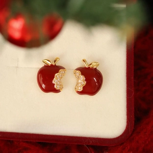 Elegant red apple stud earrings with zircon crystals and gold accents for women