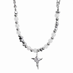 Titanium steel necklace featuring metallic beads, clear cut stones and star pendant