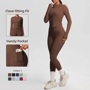 Ensemble de Yoga Femme Haut Et Bas Veste Zippée Manches Longues Leggings Taille Haute à Poches Costume de Sport Brossé