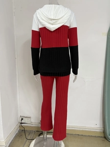 Detail view showing the back of a three-color knit tracksuit with flared pants and a hood