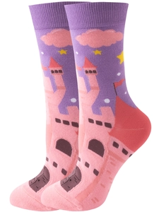 Detail of pink cotton mid-calf socks with fairy tale castle and stars pattern