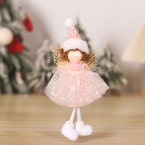 Pink Christmas angel doll pendant with lace skirt and gold wings on festive background