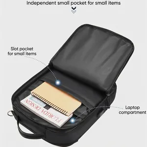 Black laptop backpack with padded computer compartment and multiple interior organizer pockets