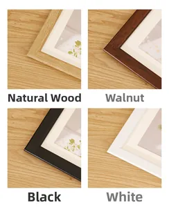 Detail of minimalist picture frame corners in wood, walnut, black, and white finishes
