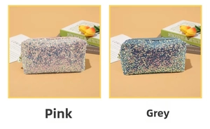 Detailed comparison of pink and grey sequin cosmetic bags with elegant pearl zippers
