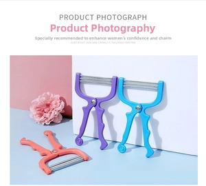 Manual facial hair removal spring tools in purple, blue, and pink colors for women