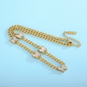 Gold-plated NK chain necklace with white butterfly shell pendants and K18 hallmark