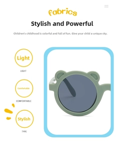 Detail of round olive green bear-shaped frames and dark lenses for kids sunglasses
