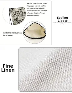 Détail de la trousse en lin à motif tête de mort, fermeture en alliage et intérieur spacieux