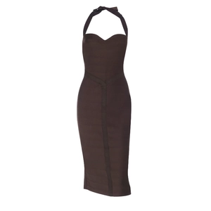 Slim fit halter neck ribbed knit midi dress in dark brown with textured bandage design