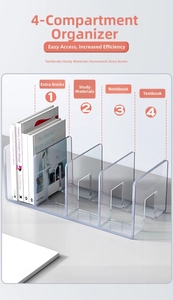 Detailed view of clear acrylic desktop organizer with four divided storage compartments