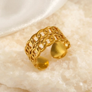 Golden double layer chain link open ring with minimalist adjustable stainless steel band