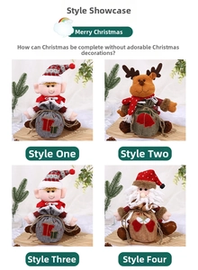 Set of four Christmas drawstring gift bags featuring elf, reindeer and Santa 3D doll designs