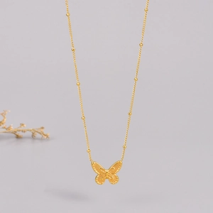 18K gold plated stainless steel bead chain necklace featuring a 3D butterfly pendant