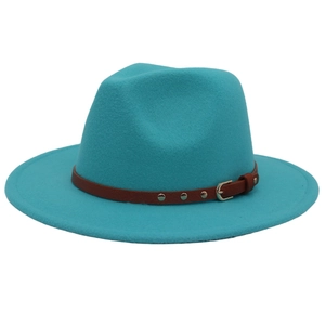 Classic teal wool felt fedora with a brown studded leather band and stylish wide brim