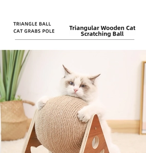 Detail of triangle wooden cat scratcher ball with sisal rope and heart cutout design