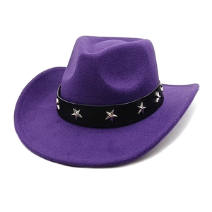 Close-up of purple wool cowboy hat with black leather band and silver star rivets