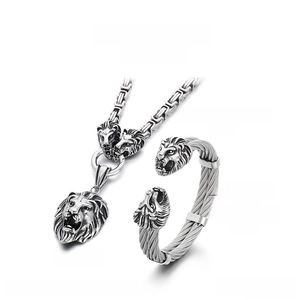 Detailed specs of lion head stainless steel necklace and cuff bracelet set for men