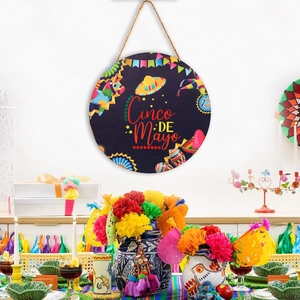 Cinco de Mayo round wooden sign with festive colorful guitar and pinata illustrations