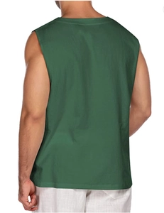 Rear view of men's dark green cotton linen vest showing stitching and fabric texture