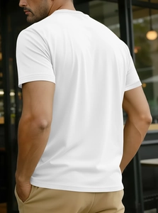 Detail view of the back and side cut of a white cotton short-sleeved casual men's T-shirt