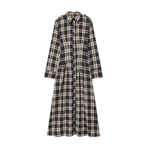Abito Camicia Maxi A Quadri Maniche Lunghe Abbottonato Vita Alta Pieghettato Retro Elegante Casual Poliestere Donne