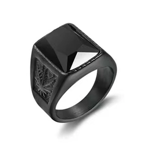 Men's vintage black stainless steel ring with square stone and leaf relief pattern