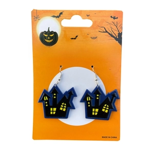 Cartoon haunted house drop earrings with dark blue and yellow details for Halloween party
