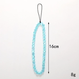 Iridescent sky blue heart beaded phone charm strap with 16cm length and lightweight design