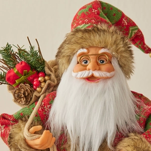 Standing Santa Claus doll with red green knit suit and lantern for Christmas decor
