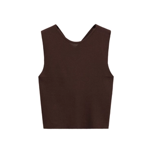 Deep brown slim fit knitted tank top with round neck shown on white background