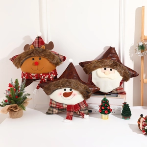 Coussin Décoratif De Noël En Forme D'étoile Père Noël Renne Bonhomme De Neige Peluche Similicuir Tissu Écossais Pour Salon