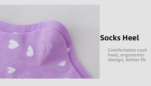 Detail of purple cotton socks showing heart patterns and ergonomic heel stitching