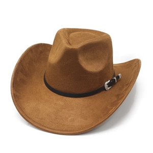 Detail of dark brown faux suede cowboy hat featuring a black band and silver vintage buckle