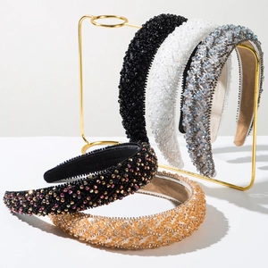 Serre-tête Éponge Rembourrée avec Perles et Strass Fait à la Main pour Femmes Luxe Rétro Géométrique Cristal Accessoires Cheveux