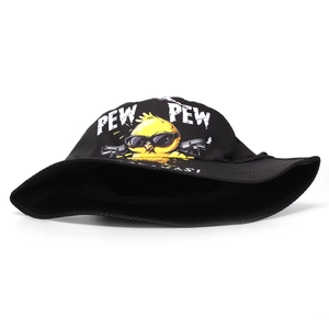 Unisex Anglerhut in Schwarz mit Pew Pew Madafakas Cartoon Huhn Motiv als Sonnenschutz
