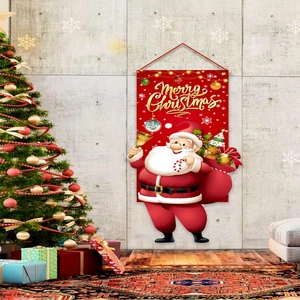 Christmas Santa Claus door banner flag hanging in festive indoor scene with tree
