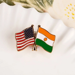 Macro view of US and Niger crossed flags enamel pin on a white ceramic shell tray